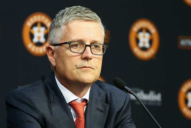 HOUSTON, TX - JUNE 18:  Jeff Luhnow addresses the media  after being named President of Baseball Operations and General Manager of the Houston Astros and received a contract extension that carries through the 2023 season during a press conference at Minute Maid Park on June 18, 2018 in Houston, Texas.  (Photo by Bob Levey/Getty Images)