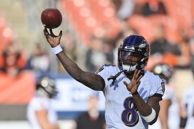 Baltimore Ravens quarterback Lamar Jackson warms up before an NFL football game against the Cleveland Browns, Sunday, Dec. 22, 2019, in Cleveland. (AP Photo/David Richard)
