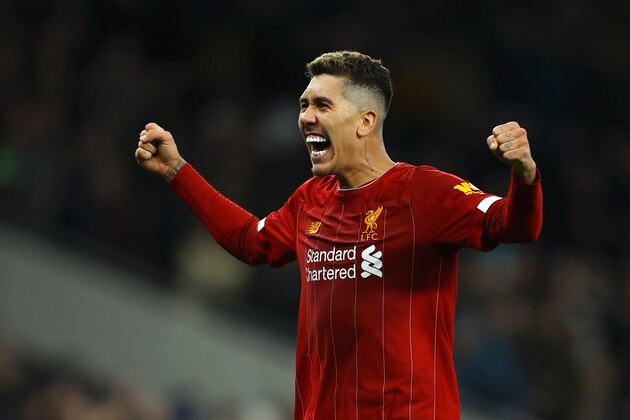 LONDON, ENGLAND - JANUARY 11: Roberto Firmino of Liverpool reacts after his sides victory during the Premier League match between Tottenham Hotspur and Liverpool FC at Tottenham Hotspur Stadium on January 11, 2020 in London, United Kingdom. (Photo by Richard Heathcote/Getty Images)