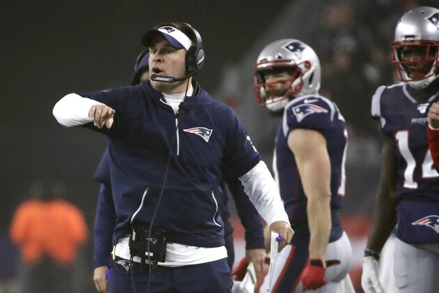 New England Patriots offensive coordinator Josh McDaniels gives instructions from the side in the first half of an NFL wild-card playoff football game against the Tennessee Titans, Saturday, Jan. 4, 2020, in Foxborough, Mass. (AP Photo/Elise Amendola)