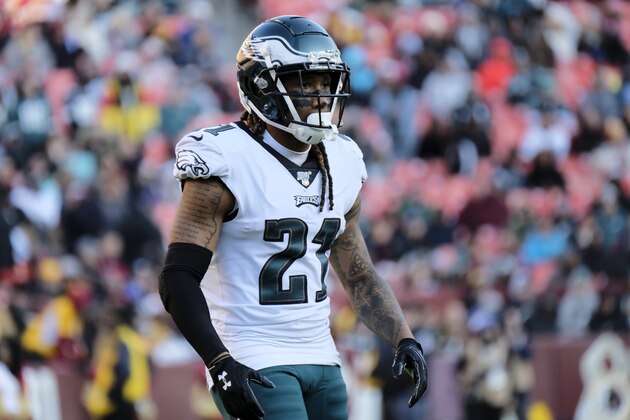 Philadelphia Eagles cornerback Ronald Darby stands on the field during an NFL football game against the Washington Redskins, Sunday, Dec. 15, 2019, in Landover, Md. (AP Photo/Mark Tenally)