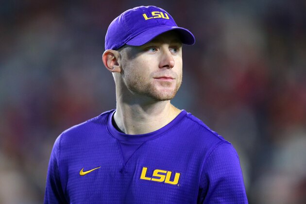 OXFORD, MISSISSIPPI - NOVEMBER 16: Passing coordinator Joe Brady of the LSU Tigers reacts during a game against the Mississippi Rebels at Vaught-Hemingway Stadium on November 16, 2019 in Oxford, Mississippi. (Photo by Jonathan Bachman/Getty Images)