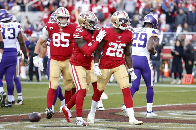SANTA CLARA, CALIFORNIA - JANUARY 11: Tevin Coleman #26 of the San Francisco 49ers reacts to scoring a touchdown during the second half against the Minnesota Vikings during the NFC Divisional Round Playoff game at Levi's Stadium on January 11, 2020 in Santa Clara, California. (Photo by Lachlan Cunningham/Getty Images)