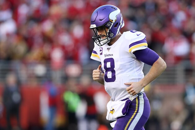 SANTA CLARA, CALIFORNIA - JANUARY 11: Kirk Cousins #8 of the Minnesota Vikings runs off the field after being sacked in the fourth quarter against the San Francisco 49ers during the NFC Divisional Round Playoff game at Levi's Stadium on January 11, 2020 in Santa Clara, California. (Photo by Sean M. Haffey/Getty Images)