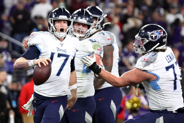 BALTIMORE, MARYLAND - JANUARY 11: Ryan Tannehill #17 of the Tennessee Titans celebrates after rushing for a 1-yard touchdown during the third quarter against the Baltimore Ravens in the AFC Divisional Playoff game at M&T Bank Stadium on January 11, 2020 in Baltimore, Maryland. (Photo by Rob Carr/Getty Images)