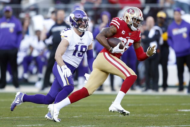 SANTA CLARA, CALIFORNIA - JANUARY 11: Richard Sherman #25 of the San Francisco 49ers intercepts a pass intended for Adam Thielen #19 of the Minnesota Vikings during the second half of the NFC Divisional Round Playoff game at Levi's Stadium on January 11, 2020 in Santa Clara, California. (Photo by Lachlan Cunningham/Getty Images)