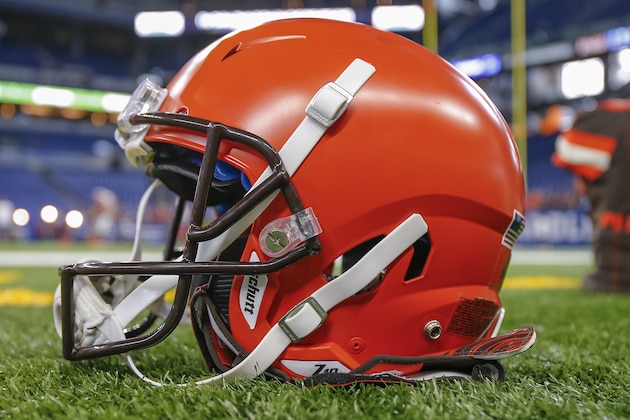 INDIANAPOLIS, IN - AUGUST 17: A Cleveland Browns helmet is seen on the field before the preseason game against the Indianapolis Colts at Lucas Oil Stadium on August 17, 2019 in Indianapolis, Indiana. (Photo by Michael Hickey/Getty Images)