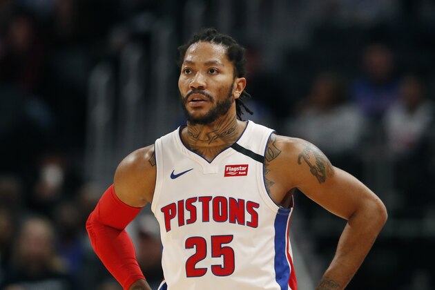 Detroit Pistons guard Derrick Rose is seen during the second half of an NBA basketball game, Thursday, Jan. 9, 2020, in Detroit. (AP Photo/Carlos Osorio) Detroit Pistons guard Derrick Rose is seen during the second half of an NBA basketball game, Thursday, Jan. 9, 2020, in Detroit. (AP Photo/Carlos Osorio)