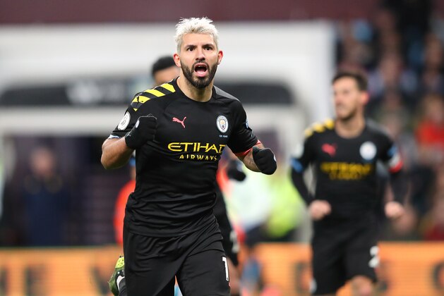 BIRMINGHAM, ENGLAND - JANUARY 12:  Sergio Aguero of Manchester City celebrates after scoring his second goal and their fifth during the Premier League match between Aston Villa and Manchester City at Villa Park on January 12, 2020 in Birmingham, United Kingdom. (Photo by Alex Livesey - Danehouse/Getty Images)