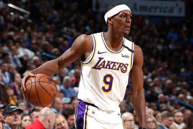 OKLAHOMA CITY, OK - JANUARY 11: Rajon Rondo #9 of the Los Angeles Lakers handles the ball against the Oklahoma City Thunder on January 11, 2020 at Chesapeake Energy Arena in Oklahoma City, Oklahoma. NOTE TO USER: User expressly acknowledges and agrees that, by downloading and or using this photograph, User is consenting to the terms and conditions of the Getty Images License Agreement. Mandatory Copyright Notice: Copyright 2020 NBAE (Photo by Zach Beeker/NBAE via Getty Images)