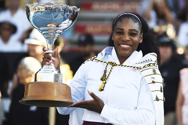 United States Serena Williams with the ASB Trophy after winning finals singles match against United States Jessica Pegula at the ASB Classic in Auckland, New Zealand, Sunday, Jan. 12, 2020. (Chris Symes/Photosport via AP)