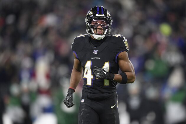Baltimore Ravens cornerback Marlon Humphrey (44) looks on during the second half of an NFL football game against the New York Jets, Thursday, Dec. 12, 2019, in Baltimore. (AP Photo/Nick Wass) Baltimore Ravens cornerback Marlon Humphrey (44) looks on during the second half of an NFL football game against the New York Jets, Thursday, Dec. 12, 2019, in Baltimore. (AP Photo/Nick Wass)