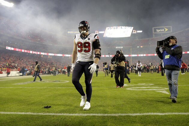 Houston Texans defensive end J.J. Watt (99) walks off the field following an NFL divisional playoff football game against the Kansas City Chiefs, in Kansas City, Mo., Sunday, Jan. 12, 2020. The Kansas City Chiefs won 51-31. (AP Photo/Jeff Roberson)