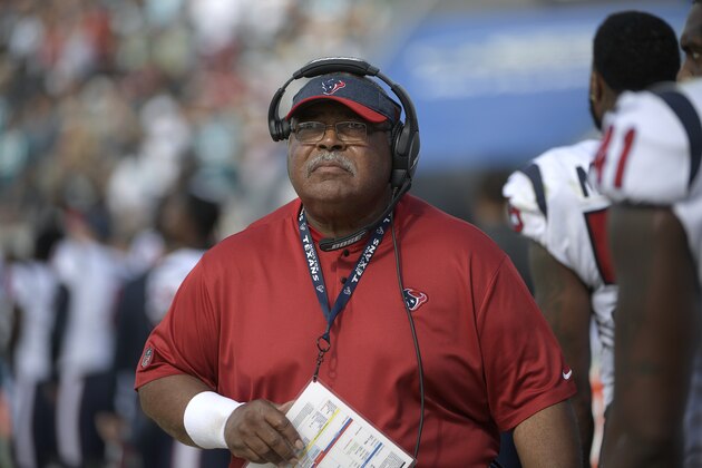 Houston Texans defensive coordinator Romeo Crennel watches from the sideline during the second half of an NFL football game against the Jacksonville Jaguars Sunday, Oct. 21, 2018, in Jacksonville, Fla. The Texans won 20-7. (AP Photo/Phelan M. Ebenhack)