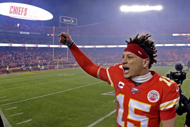 Kansas City Chiefs quarterback Patrick Mahomes celebrates as he comes off the field after an NFL divisional playoff football game against the Houston Texans, Sunday, Jan. 12, 2020, in Kansas City, Mo. (AP Photo/Charlie Riedel)