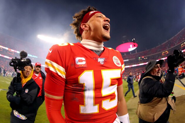 KANSAS CITY, MISSOURI - JANUARY 12:  Patrick Mahomes #15 of the Kansas City Chiefs celebrates his teams win against the Houston Texans in the AFC Divisional playoff game at Arrowhead Stadium on January 12, 2020 in Kansas City, Missouri. (Photo by Tom Pennington/Getty Images)