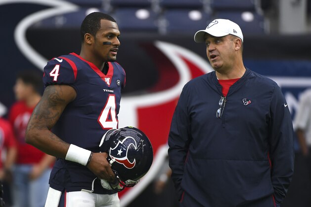 Houston Texans quarterback Deshaun Watson (4) talks with coach Bill O'Brien before an NFL football game against the Tennessee Titans Sunday, Dec. 29, 2019, in Houston. (AP Photo/Eric Christian Smith) Houston Texans quarterback Deshaun Watson (4) talks with coach Bill O'Brien before an NFL football game against the Tennessee Titans Sunday, Dec. 29, 2019, in Houston. (AP Photo/Eric Christian Smith)
