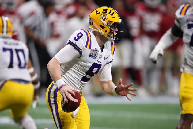 ATLANTA, GEORGIA - DECEMBER 28: Joe Burrow #9 of the LSU Tigers plays against the Oklahoma Sooners during the College Football Playoff Semifinal in the Chick-fil-A Peach Bowl at Mercedes-Benz Stadium on December 28, 2019 in Atlanta, Georgia. (Photo by Gregory Shamus/Getty Images)