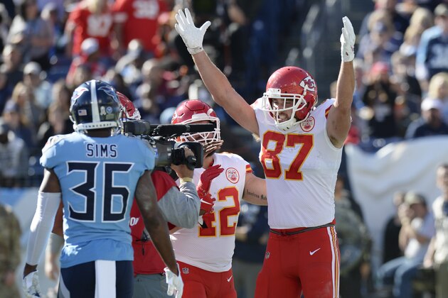 Kansas City Chiefs tight end Travis Kelce (87) celebrates after scoring a touchdown against the Tennessee Titans in the first half of an NFL football game Sunday, Nov. 10, 2019, in Nashville, Tenn. (AP Photo/Mark Zaleski)