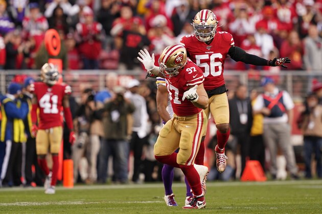 SANTA CLARA, CALIFORNIA - JANUARY 11: Nick Bosa #97 and Kwon Alexander #56 of the San Francisco 49ers celebrate after a sack during the second half against the Minnesota Vikings during the NFC Divisional Round Playoff game at Levi's Stadium on January 11, 2020 in Santa Clara, California. (Photo by Thearon W. Henderson/Getty Images)