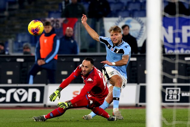 ROME, ITALY - JANUARY 11: Ciro Immobile of SS Lazio scoring his Goal 1-0 ,during the Serie A match between SS Lazio and SSC Napoli at Stadio Olimpico on January 11, 2020 in Rome, Italy. (Photo by MB Media/Getty Images)