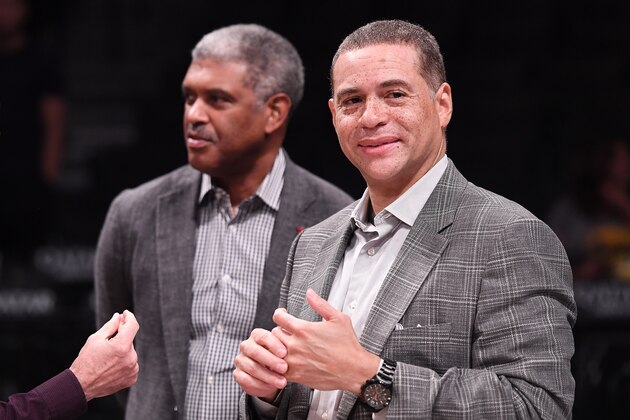 NEW YORK, NY - OCTOBER 03: General Manager Scott Perry and President Steve Mills of the New York Knicks before the preseason game against the Brooklyn Nets at Barclays Center on October 3, 2018 in the Brooklyn borough of New York City. NOTE TO USER: User expressly acknowledges and agrees that, by downloading and or using this photograph, User is consenting to the terms and conditions of the Getty Images License Agreement. (Photo by Matteo Marchi/Getty Images)