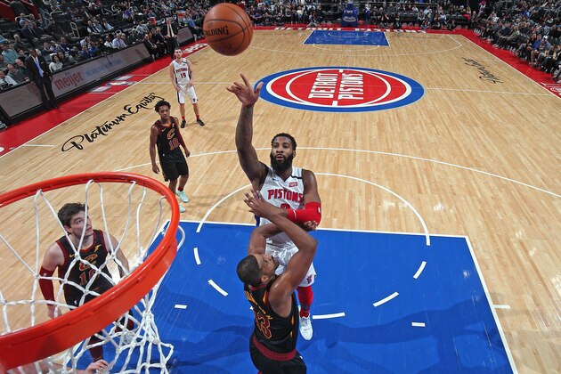 DETROIT, MI - JANUARY 9: Andre Drummond #0 of the Detroit Pistons shoots the ball against the Cleveland Cavaliers on January 9, 2019 at Little Caesars Arena in Detroit, Michigan. NOTE TO USER: User expressly acknowledges and agrees that, by downloading and/or using this photograph, User is consenting to the terms and conditions of the Getty Images License Agreement. Mandatory Copyright Notice: Copyright 2019 NBAE (Photo by Brian Sevald/NBAE via Getty Images)