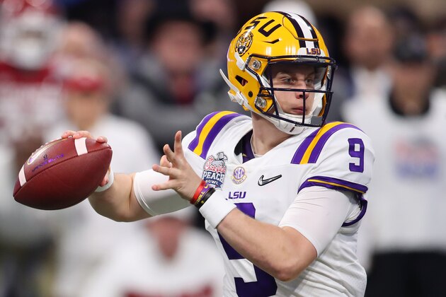 ATLANTA, GEORGIA - DECEMBER 28: Joe Burrow #9 of the LSU Tigers plays against the Oklahoma Sooners during the College Football Playoff Semifinal in the Chick-fil-A Peach Bowl at Mercedes-Benz Stadium on December 28, 2019 in Atlanta, Georgia. (Photo by Gregory Shamus/Getty Images)