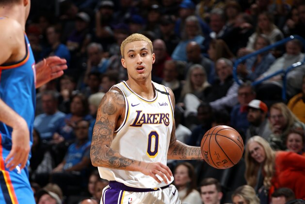 OKLAHOMA CITY, OK - JANUARY 11: Kyle Kuzma #0 of the Los Angeles Lakers handles the ball against the Oklahoma City Thunder on January 11, 2020 at Chesapeake Energy Arena in Oklahoma City, Oklahoma. NOTE TO USER: User expressly acknowledges and agrees that, by downloading and or using this photograph, User is consenting to the terms and conditions of the Getty Images License Agreement. Mandatory Copyright Notice: Copyright 2020 NBAE (Photo by Zach Beeker/NBAE via Getty Images)