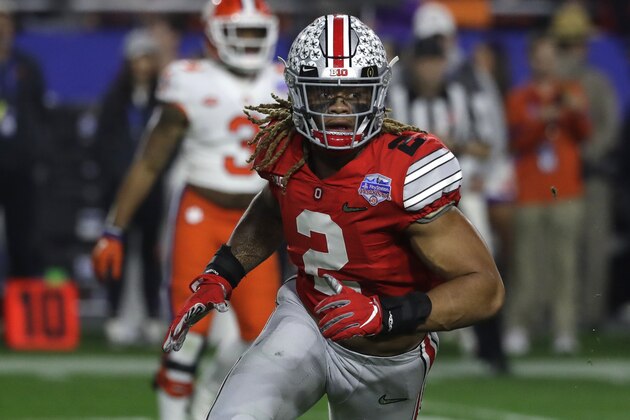 Ohio State defensive end Chase Young (2) during the first half of the Fiesta Bowl NCAA college football game against Clemson, Saturday, Dec. 28, 2019, in Glendale, Ariz. (AP Photo/Rick Scuteri).