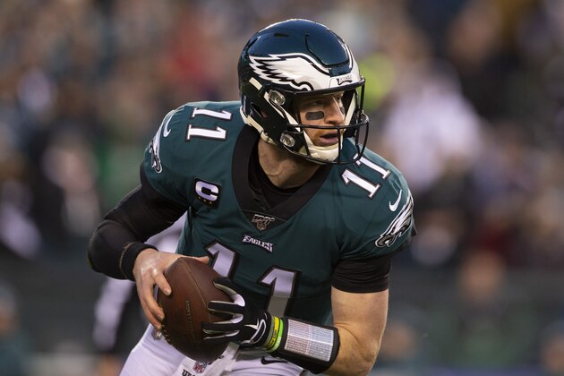 PHILADELPHIA, PA - JANUARY 05: Carson Wentz #11 of the Philadelphia Eagles looks to pass the ball during the NFC Wild Card game against the Seattle Seahawks at Lincoln Financial Field on January 5, 2020 in Philadelphia, Pennsylvania. (Photo by Mitchell Leff/Getty Images)