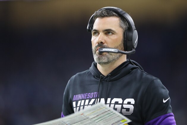 DETROIT, MI - OCTOBER 20: Minnesota Vikings offensive coordinator Kevin Stefanski looks on in the fourth quarter during a game against the Detroit Lions at Ford Field on October 20, 2019 in Detroit, Michigan. (Photo by Rey Del Rio/Getty Images)