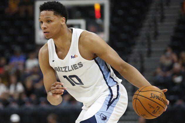 Memphis Grizzlies forward/center Ivan Rabb  brings the ball up during the first half of the team's NBA summer league basketball game against the Cleveland Cavaliers on Wednesday, July 3, 2019, in Salt Lake City. (AP Photo/Rick Bowmer)
