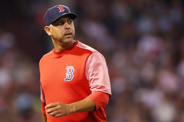BOSTON, MASSACHUSETTS - AUGUST 20: Boston Red Sox Manager Alex Cora returns to the dugout after disputing a call during the fourth inning of the game between the Boston Red Sox and the Philadelphia Phillies  at Fenway Park on August 20, 2019 in Boston, Massachusetts. (Photo by Maddie Meyer/Getty Images)