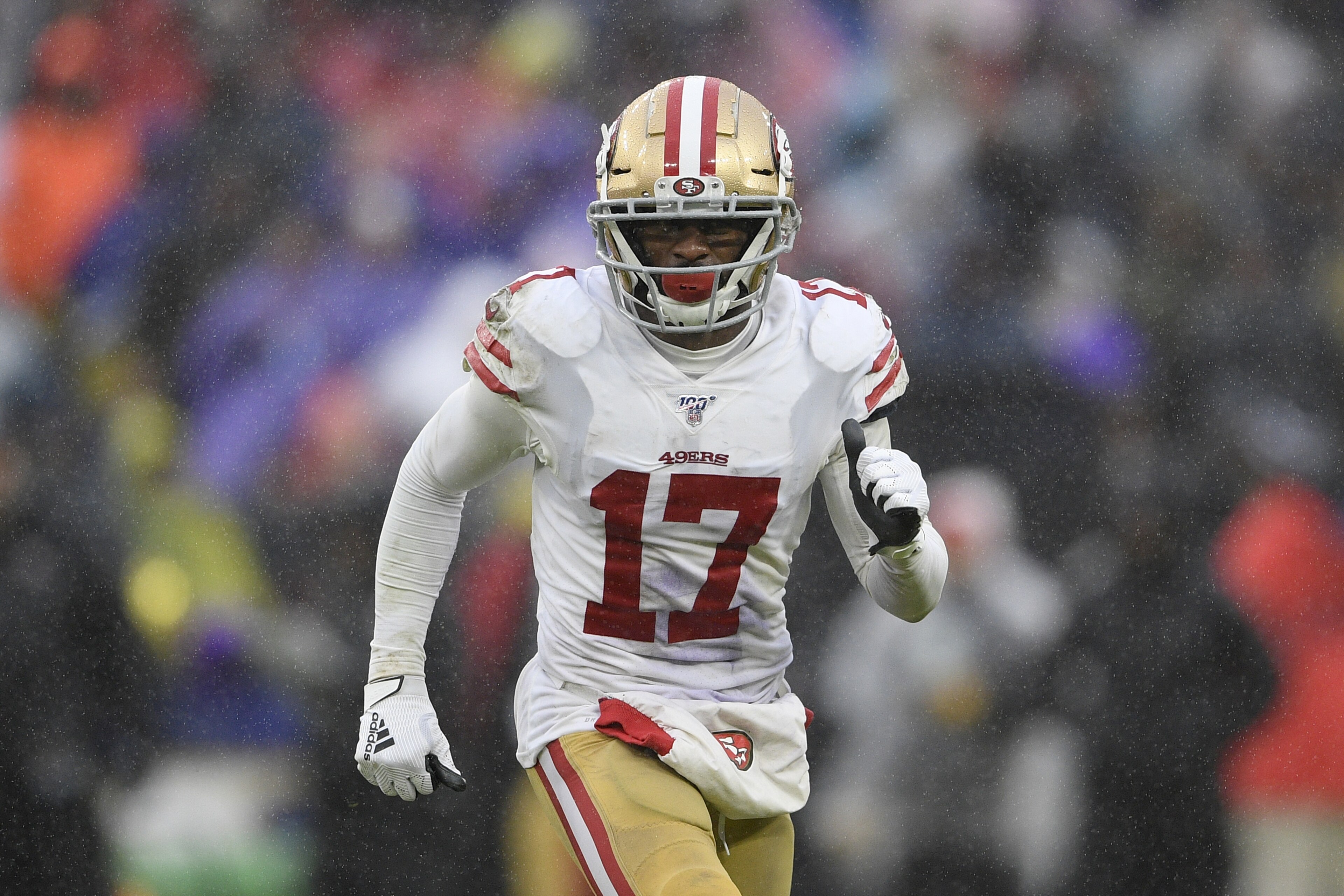 San Francisco 49ers wide receiver Emmanuel Sanders (17) in the second half of an NFL football game against the Baltimore Ravens, Sunday, Dec. 1, 2019, in Baltimore, Md. (AP Photo/Nick Wass)