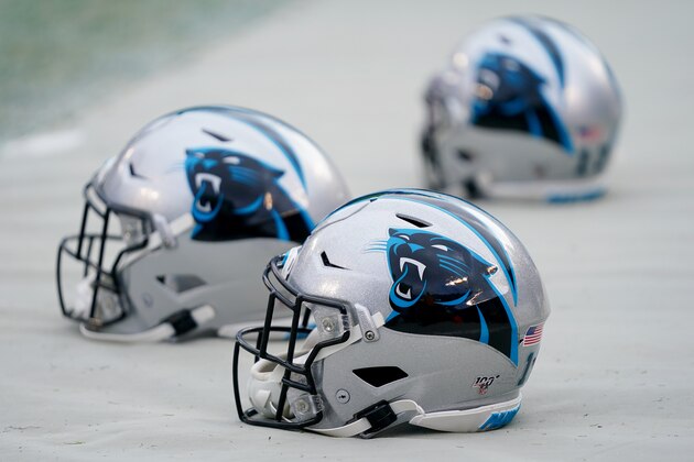 CHARLOTTE, NORTH CAROLINA - DECEMBER 01: Carolina Panthers helmets before their game against the Washington Redskins at Bank of America Stadium on December 01, 2019 in Charlotte, North Carolina. (Photo by Jacob Kupferman/Getty Images)