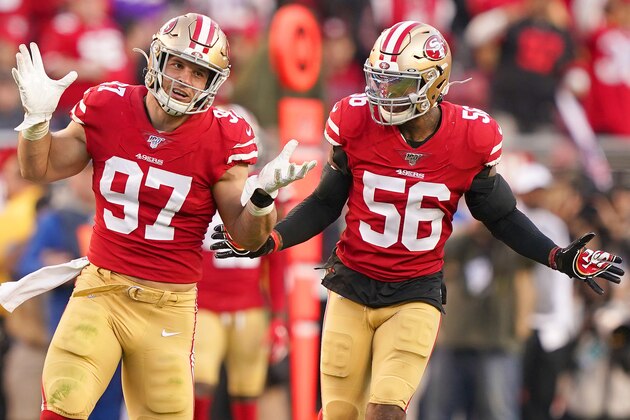SANTA CLARA, CALIFORNIA - JANUARY 11: Nick Bosa #97 and Kwon Alexander #56 of the San Francisco 49ers celebrate after a sack during the second half against the Minnesota Vikings during the NFC Divisional Round Playoff game at Levi's Stadium on January 11, 2020 in Santa Clara, California. (Photo by Thearon W. Henderson/Getty Images)