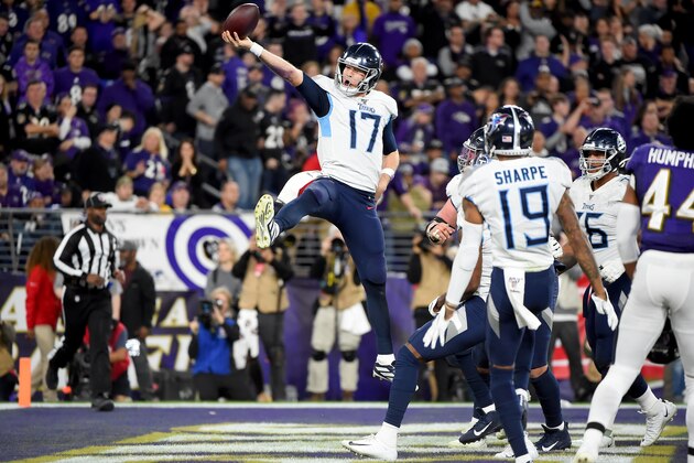 BALTIMORE, MARYLAND - JANUARY 11: Ryan Tannehill #17 of the Tennessee Titans celebrates after scoring a touchdown against the Baltimore Ravens during the AFC Divisional Playoff game at M&T Bank Stadium on January 11, 2020 in Baltimore, Maryland. (Photo by Will Newton/Getty Images) BALTIMORE, MARYLAND - JANUARY 11: Ryan Tannehill #17 of the Tennessee Titans celebrates after scoring a touchdown against the Baltimore Ravens during the AFC Divisional Playoff game at M&T Bank Stadium on January 11, 2020 in Baltimore, Maryland. (Photo by Will Newton/Getty Images)