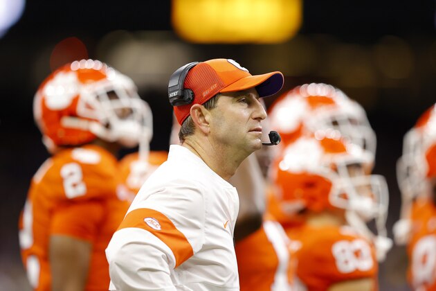NEW ORLEANS, LOUISIANA - JANUARY 13: Head coach Dabo Swinney of the Clemson Tigers takes to the field after halftime against the LSU Tigers in the College Football Playoff National Championship game at Mercedes Benz Superdome on January 13, 2020 in New Orleans, Louisiana. (Photo by Kevin C. Cox/Getty Images)
