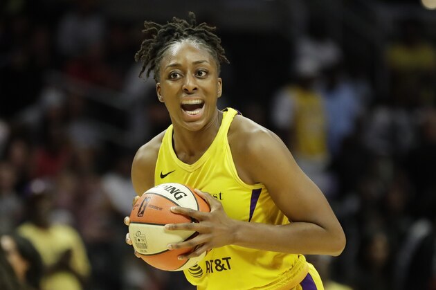 Los Angeles Sparks forward Nneka Ogwumike plays against the Minnesota Lynx during the second half of a WNBA basketball game in Los Angeles, Tuesday, Aug. 20, 2019. (AP Photo/Chris Carlson)