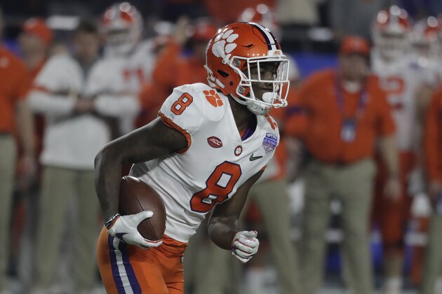 Clemson wide receiver Justyn Ross (8) during the first half of the Fiesta Bowl NCAA college football game against Ohio State, Saturday, Dec. 28, 2019, in Glendale, Ariz. (AP Photo/Rick Scuteri).