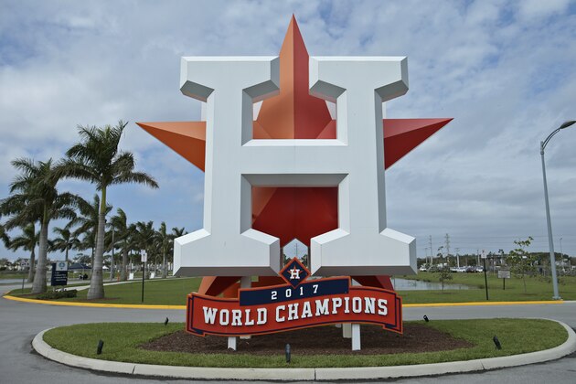 WEST PALM BEACH, FL - FEBRUARY 25: Houston Astros logo in front of their stadium entrance prior to a spring training game against the New York Mets at The Ballpark of the Palm Beaches on February 25, 2019 in West Palm Beach, Florida. (Photo by Joel Auerbach/Getty Images)