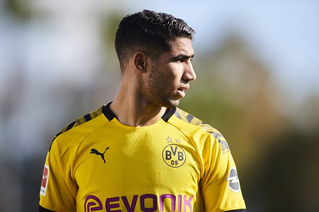 MARBELLA, SPAIN - JANUARY 11: Achraf Hakimi of Borussia Dortmund looks on during a friendly match between Borussia Dortmund and Feyenoord Rotterdam on January 11, 2020 in Marbella, Spain. (Photo by Quality Sport Images/Getty Images)