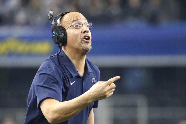 Penn State head coach James Franklin calls a play as Penn State plays Memphis in the first half of the NCAA Cotton Bowl college football game, Saturday, Dec. 28, 2019, in Arlington, Texas. (AP Photo/Ron Jenkins)