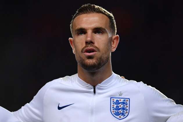 PRAGUE, CZECH REPUBLIC - OCTOBER 11:  Jordan Henderson of England sings the national anthem during the UEFA Euro 2020 qualifier between Czech Republic and England at Sinobo Stadium on October 11, 2019 in Prague, Czech Republic. (Photo by Justin Setterfield/Getty Images)