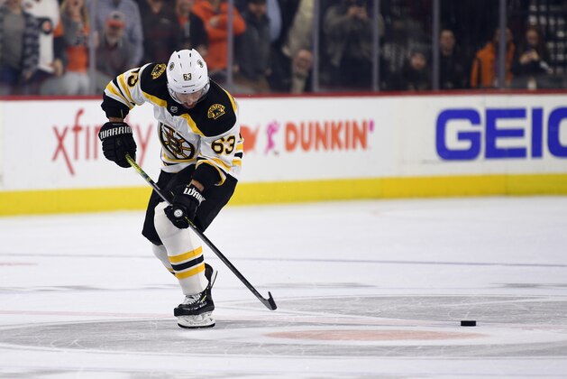 Boston Bruins' Brad Marchand skates by the puck on a shootout attempt in an NHL hockey game against the Philadelphia Flyers, Monday, Jan. 13, 2020, in Philadelphia. The Flyers won 6-5. (AP Photo/Derik Hamilton)