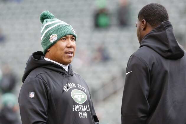 New York Jets offensive coordinator Hines Ward, left, speaks with Cincinnati Bengals wide receiver A.J. Green, right, during practice before an NFL football game, Sunday, Dec. 1, 2019, in Cincinnati. (AP Photo/Frank Victores) New York Jets offensive coordinator Hines Ward, left, speaks with Cincinnati Bengals wide receiver A.J. Green, right, during practice before an NFL football game, Sunday, Dec. 1, 2019, in Cincinnati. (AP Photo/Frank Victores)