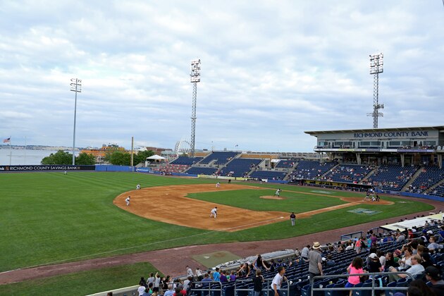 An overall view of the Staten Island Yankees in action against the State College Spikes at  Richmond County Bank Ballpark during a minor league baseball game in Staten Island, NY on Sunday, June 28, 2015.  (AP Photo/Gregory Payan)