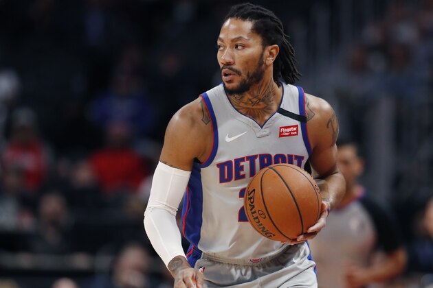 Detroit Pistons guard Derrick Rose brings the ball up court during the first half of an NBA basketball game, Monday, Jan. 13, 2020, in Detroit. (AP Photo/Carlos Osorio)
