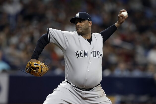 New York Yankees pitcher CC Sabathia delivers to the Tampa Bay Rays during the fourth inning of a baseball game Tuesday, Sept. 24, 2019, in St. Petersburg, Fla. (AP Photo/Chris O'Meara)